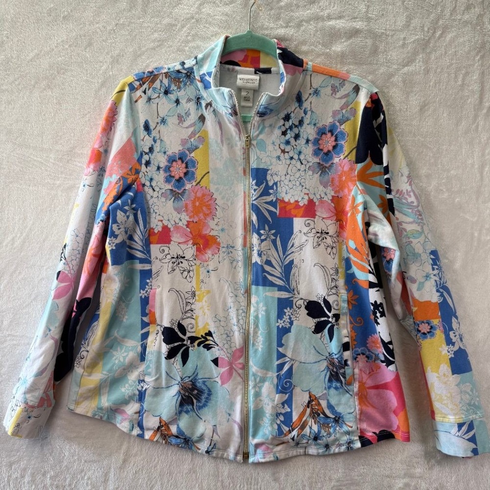 Weekends by Chico's Floral Zip Up Jacket Womens Size 2 (L 12) Colorful Cotton
